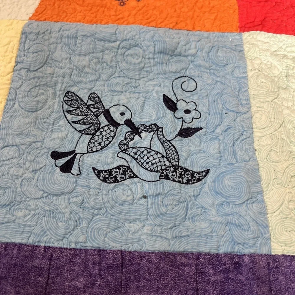handmade embroidered vintage quilt throw blanket Hummingbirds 53.5